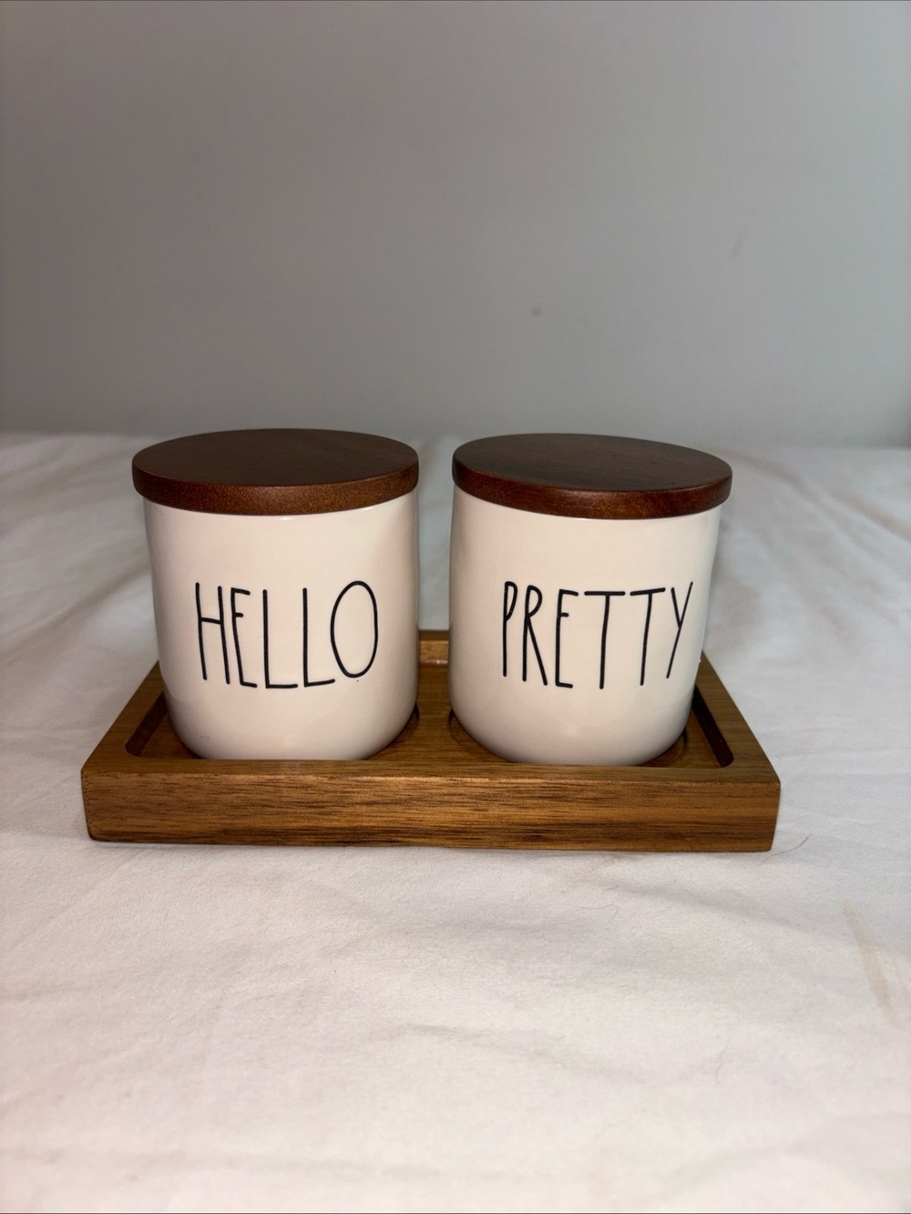 Rae Dunn  'Hello' and 'Pretty' Bathroom Storage Jars with Wooden Lids -